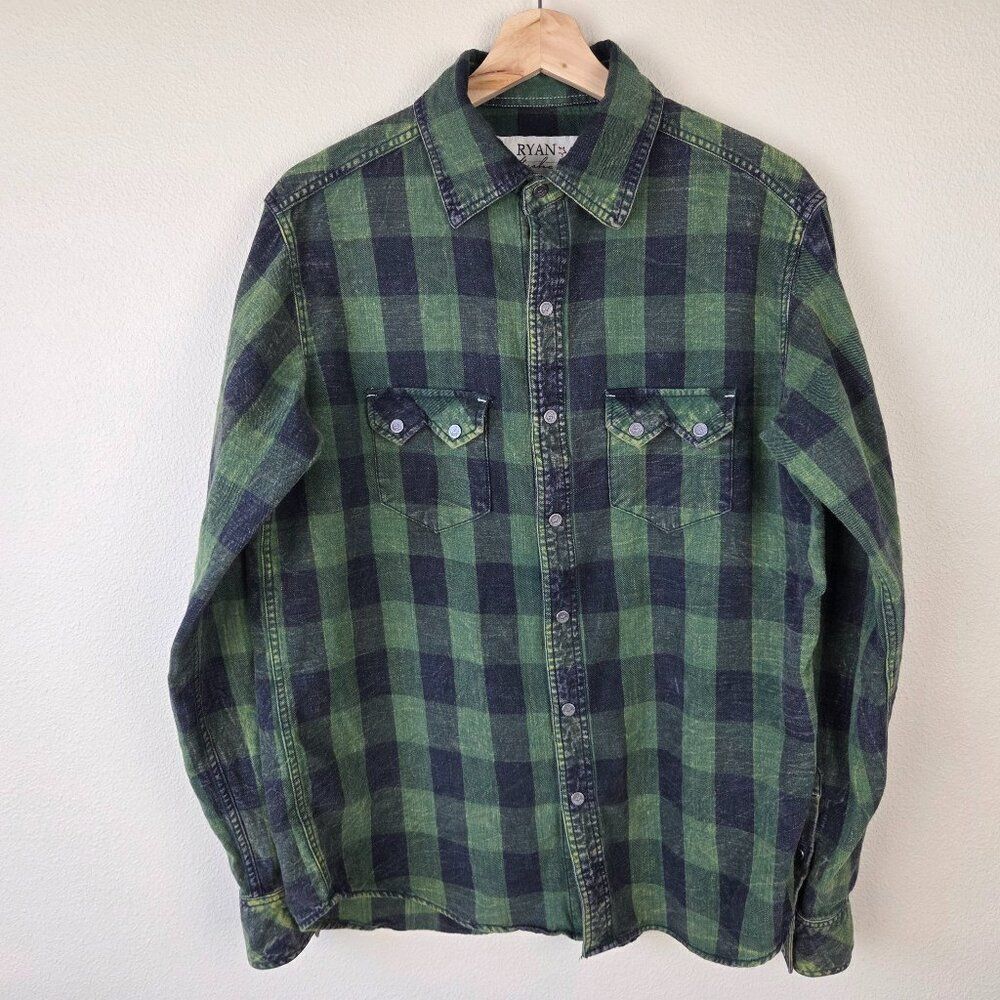 Ryan Michael Western Plaid Snap Front Shirt Size M Hunter Green Sawtooth Pockets